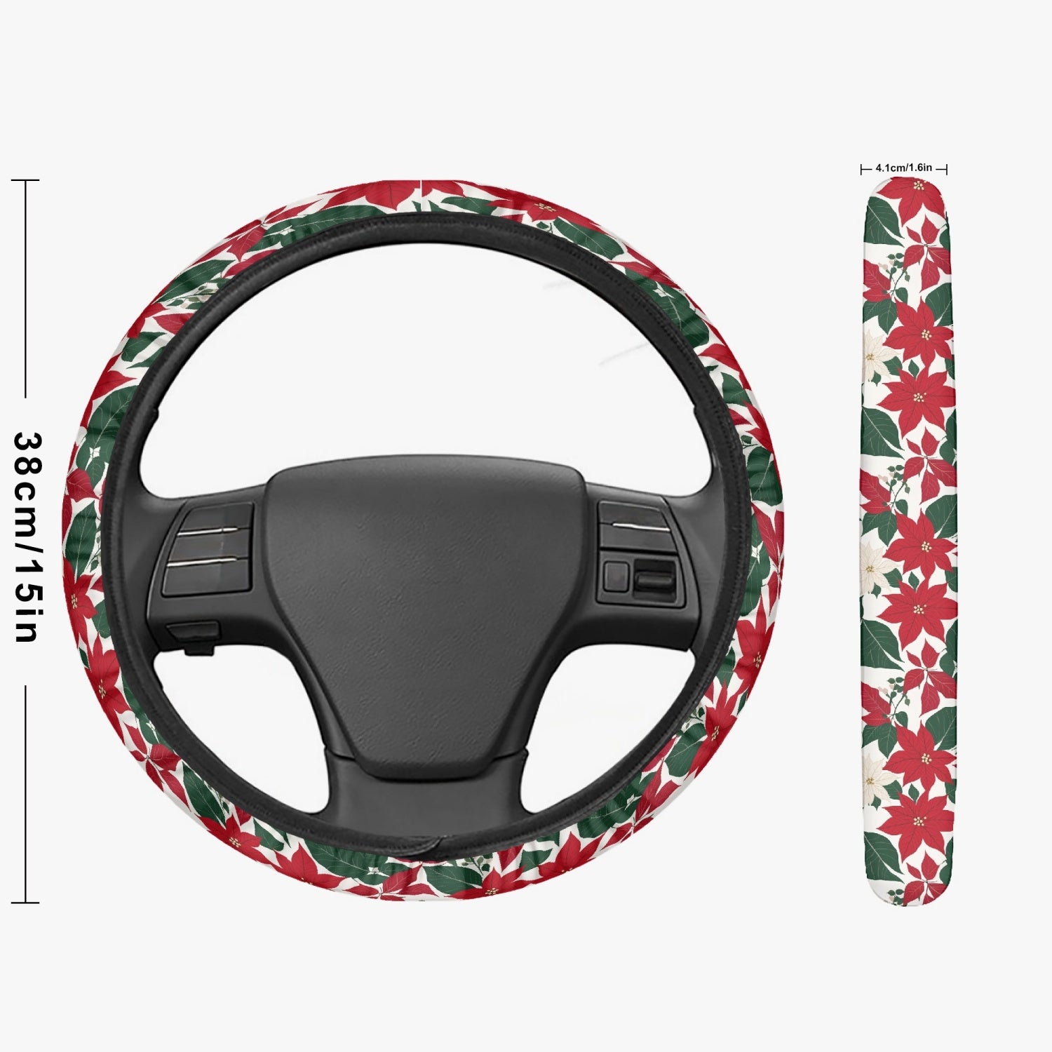 Red and White Poinsettia Flower Steering Wheel Cover DeRose Seasonal