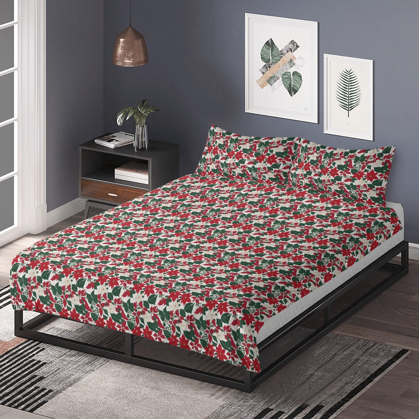 Red and White Poinsettia Flower3 Pcs Beddings DeRose Seasonal