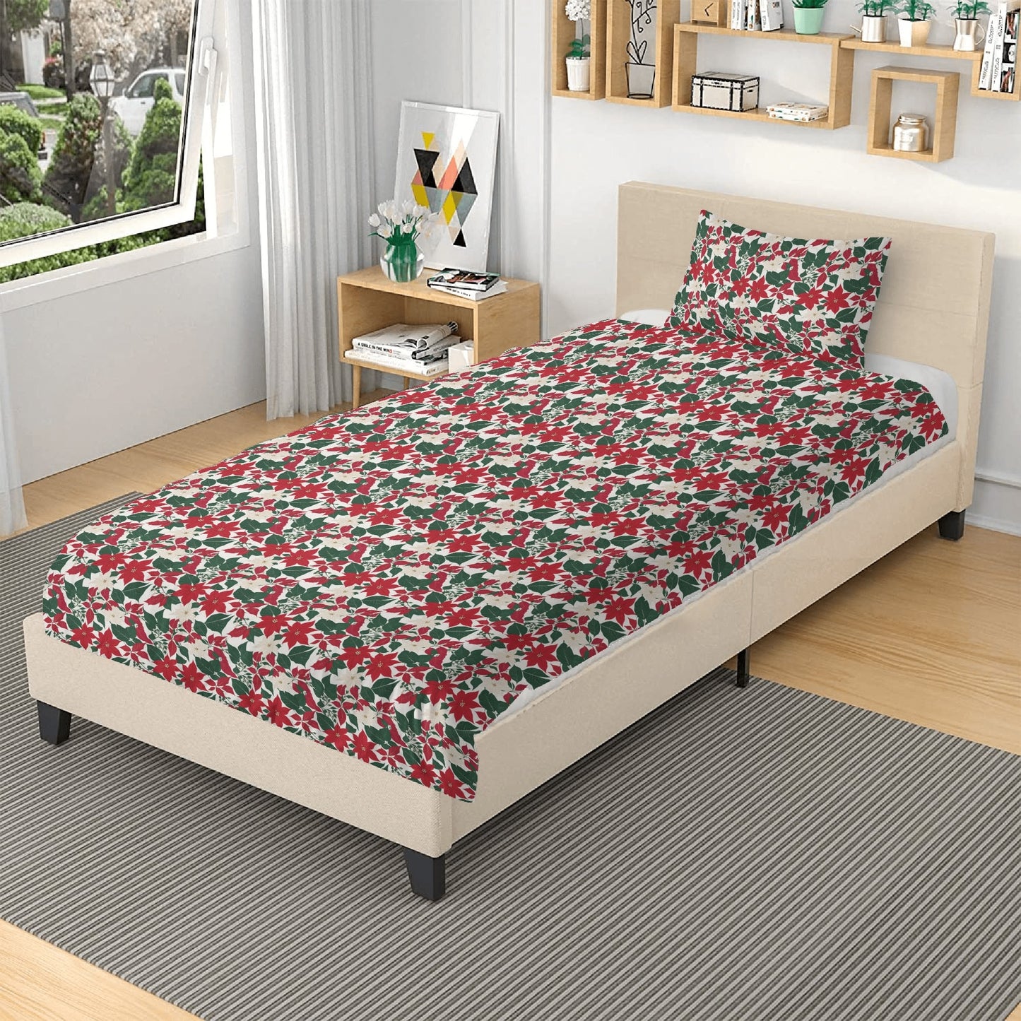 Red and White Poinsettia Flower3 Pcs Beddings DeRose Seasonal