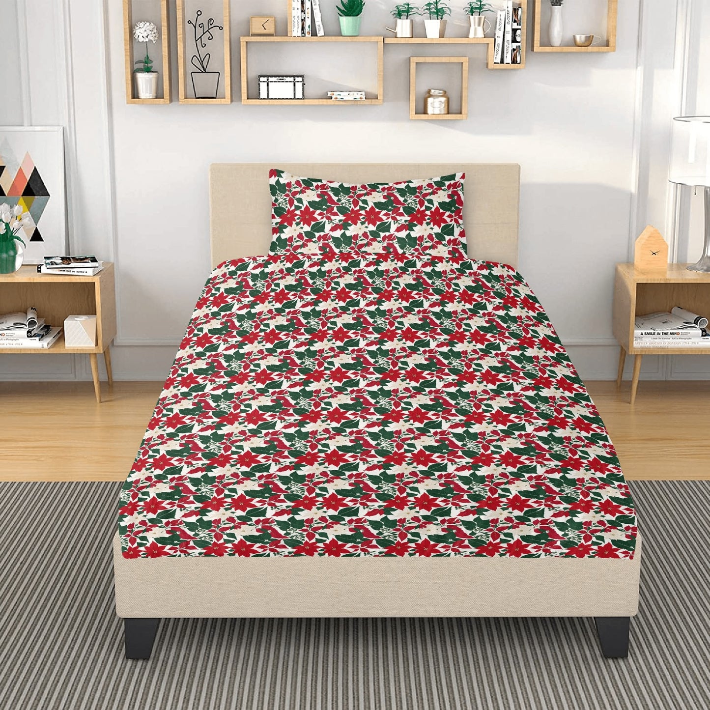 Red and White Poinsettia Flower3 Pcs Beddings DeRose Seasonal