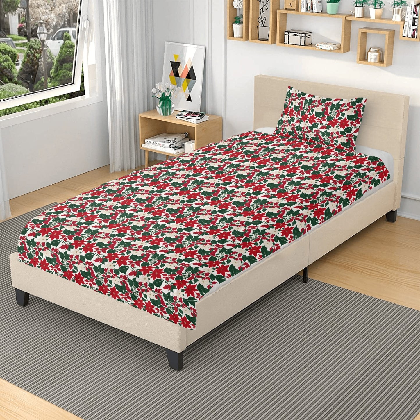 Red and White Poinsettia Flower3 Pcs Beddings DeRose Seasonal