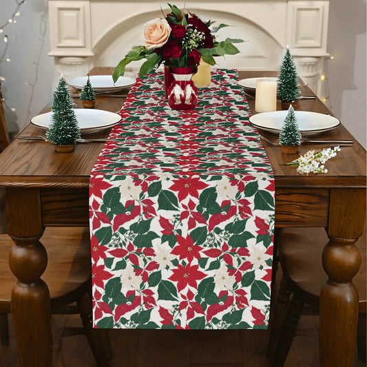 Red and White Poinsettia Flowers Polyester Table Runner DeRose Seasonal