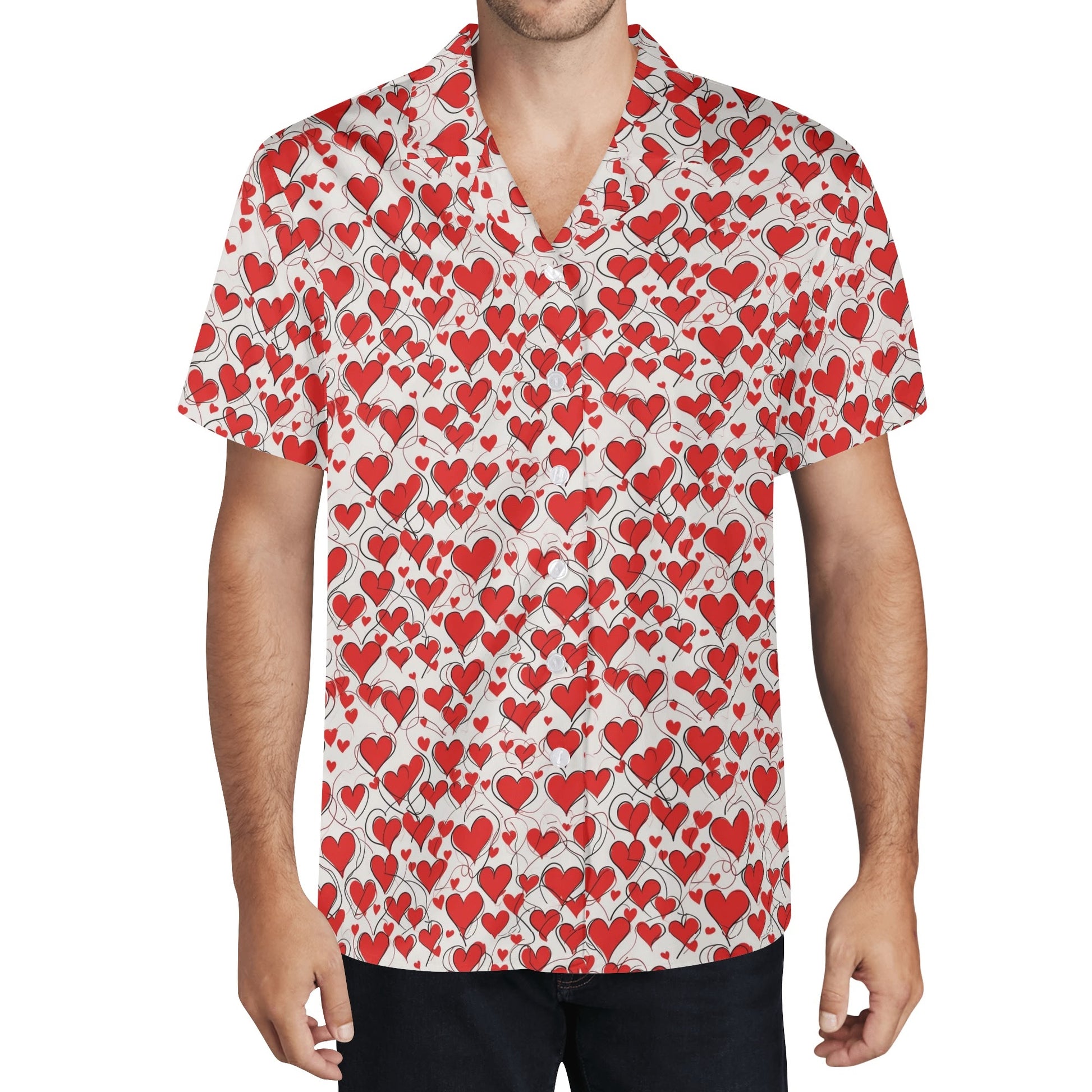 Scribble Hearts Mens Casual Hawaiian Shirt DeRose Seasonal