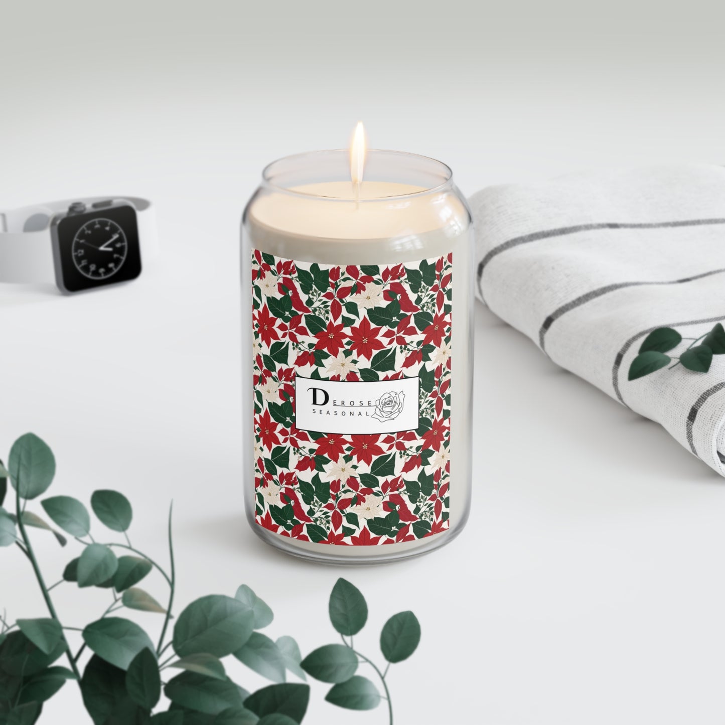 Seasonal Scented Candle with Red and White Poinsettia Flower Design - Perfect for Holidays DeRose Seasonal