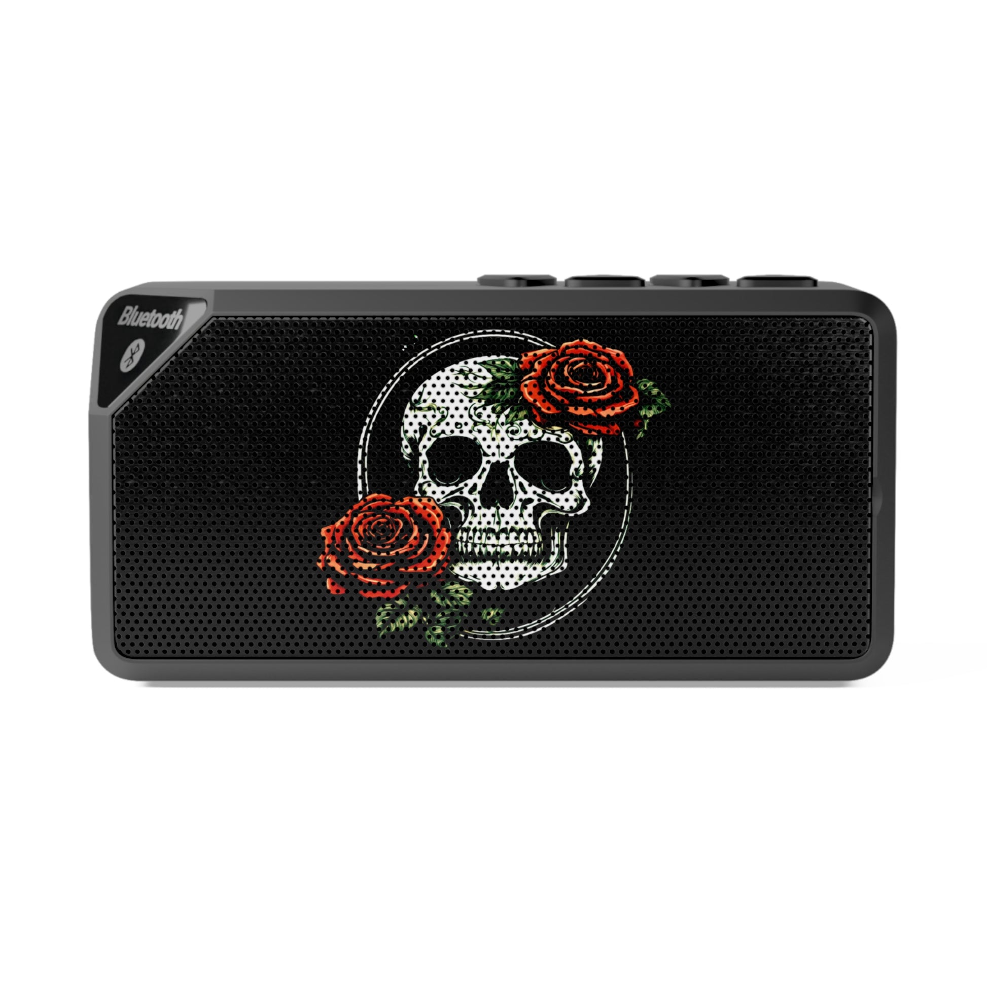 the front of a skull and rose bluetooth speaker