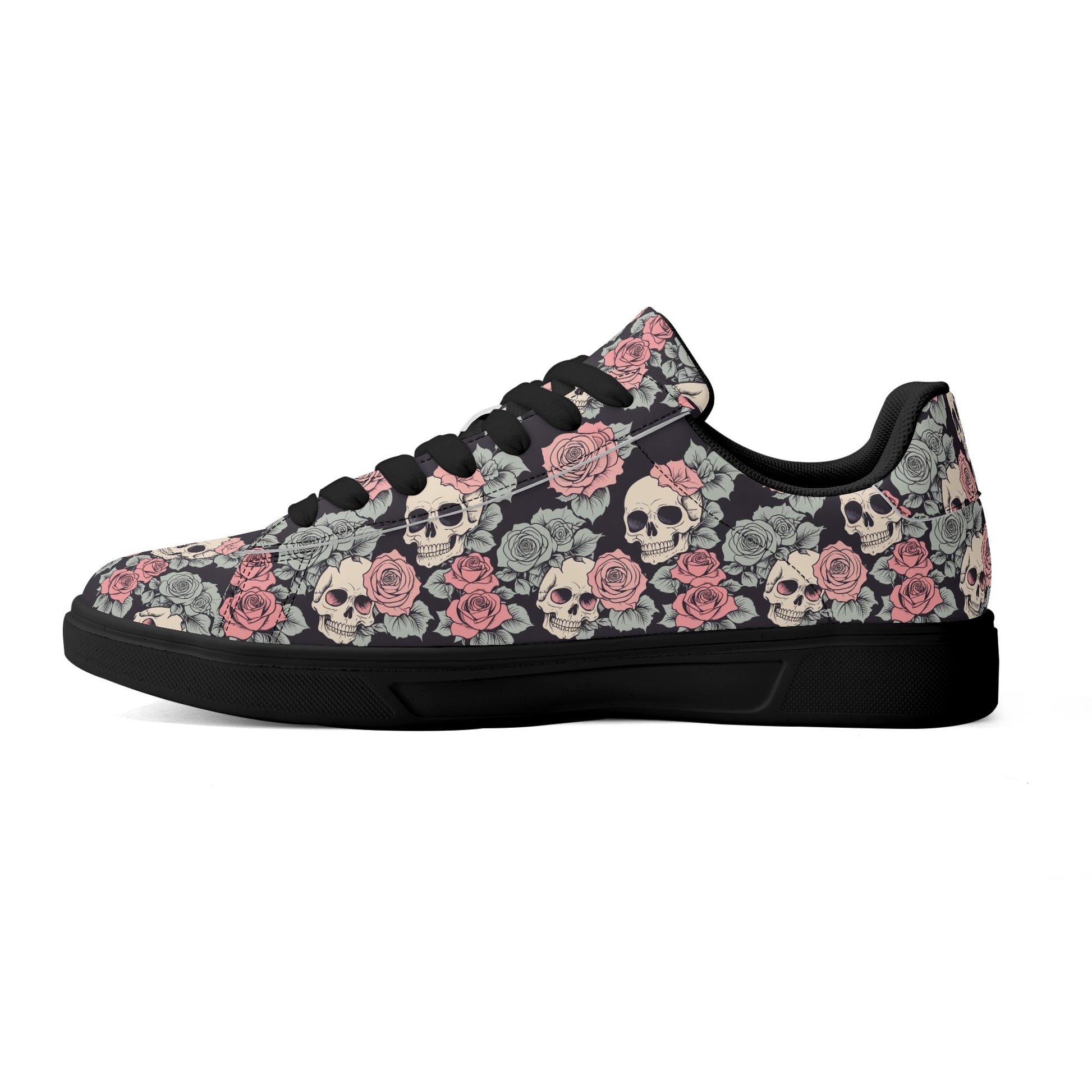 Skull and Pink Rose Adult Lightweight Brand Low Top Leather Shoes DeRose Seasonal