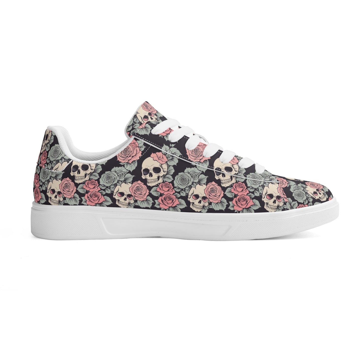 Skull and Pink Rose Adult Lightweight Brand Low Top Leather Shoes DeRose Seasonal