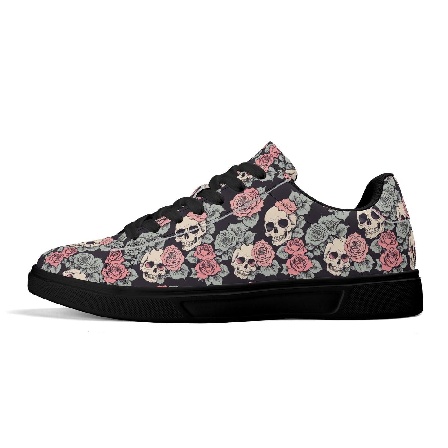 Skull and Pink Rose Adult Lightweight Brand Low Top Leather Shoes DeRose Seasonal