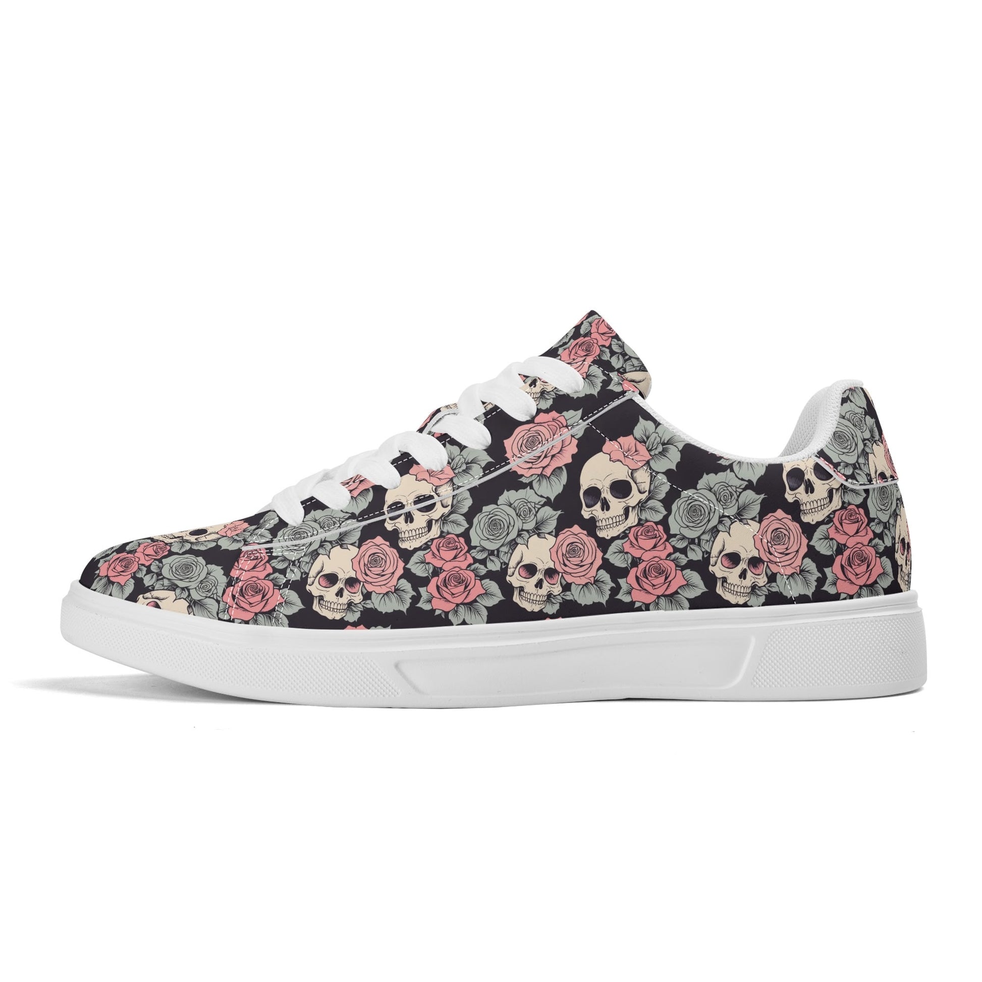 Skull and Pink Rose Adult Lightweight Brand Low Top Leather Shoes DeRose Seasonal