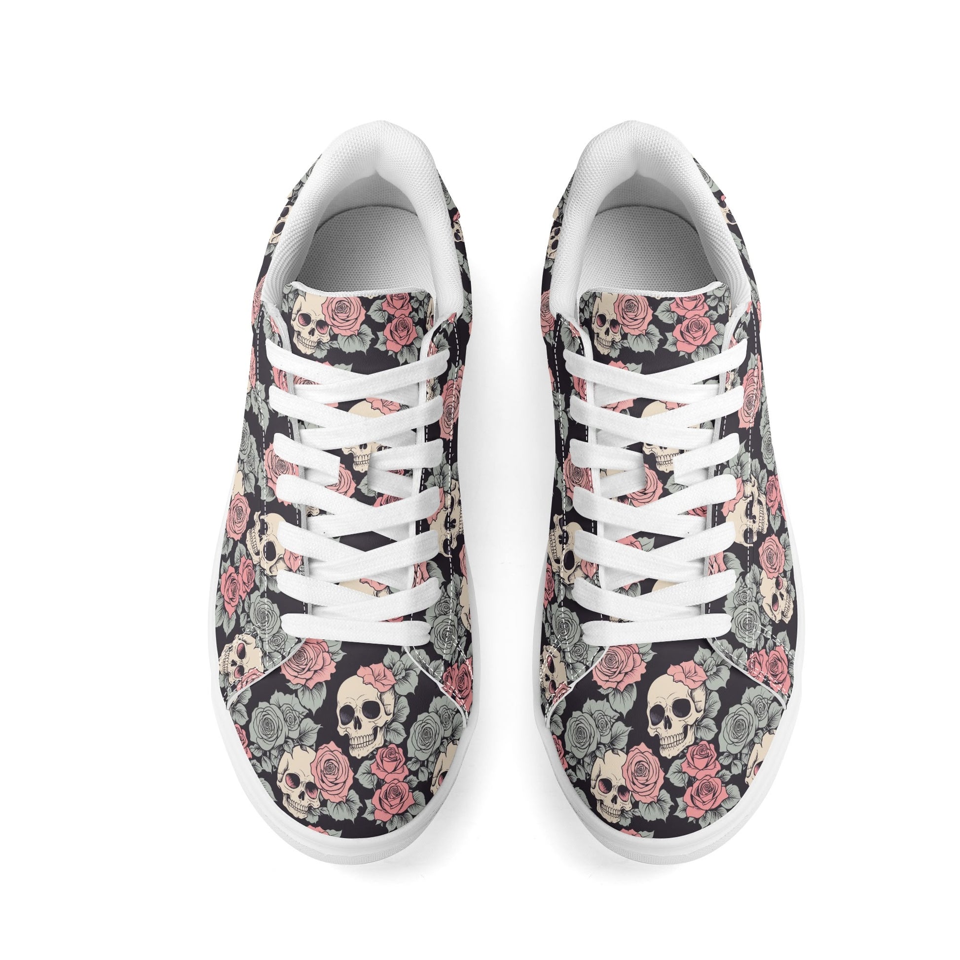 Skull and Pink Rose Adult Lightweight Brand Low Top Leather Shoes DeRose Seasonal