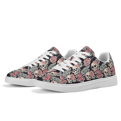 Skull and Pink Rose Adult Lightweight Brand Low Top Leather Shoes DeRose Seasonal