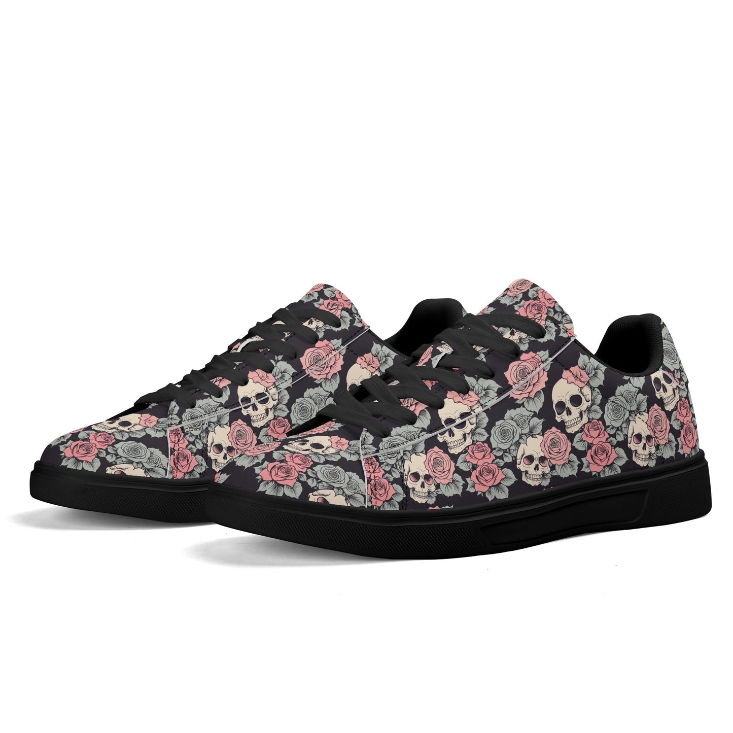 Skull and Pink Rose Adult Lightweight Brand Low Top Leather Shoes DeRose Seasonal