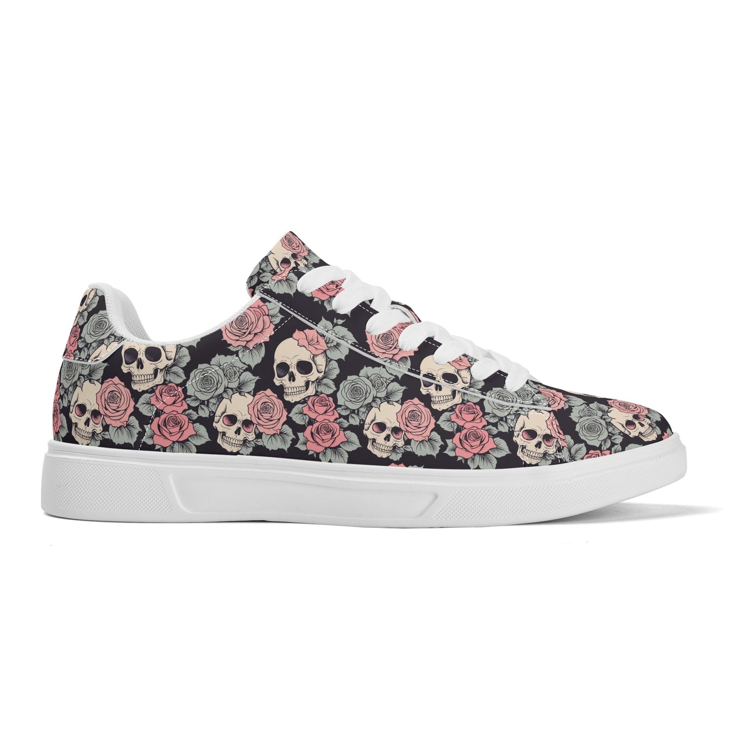 Skull and Pink Rose Adult Lightweight Brand Low Top Leather Shoes DeRose Seasonal