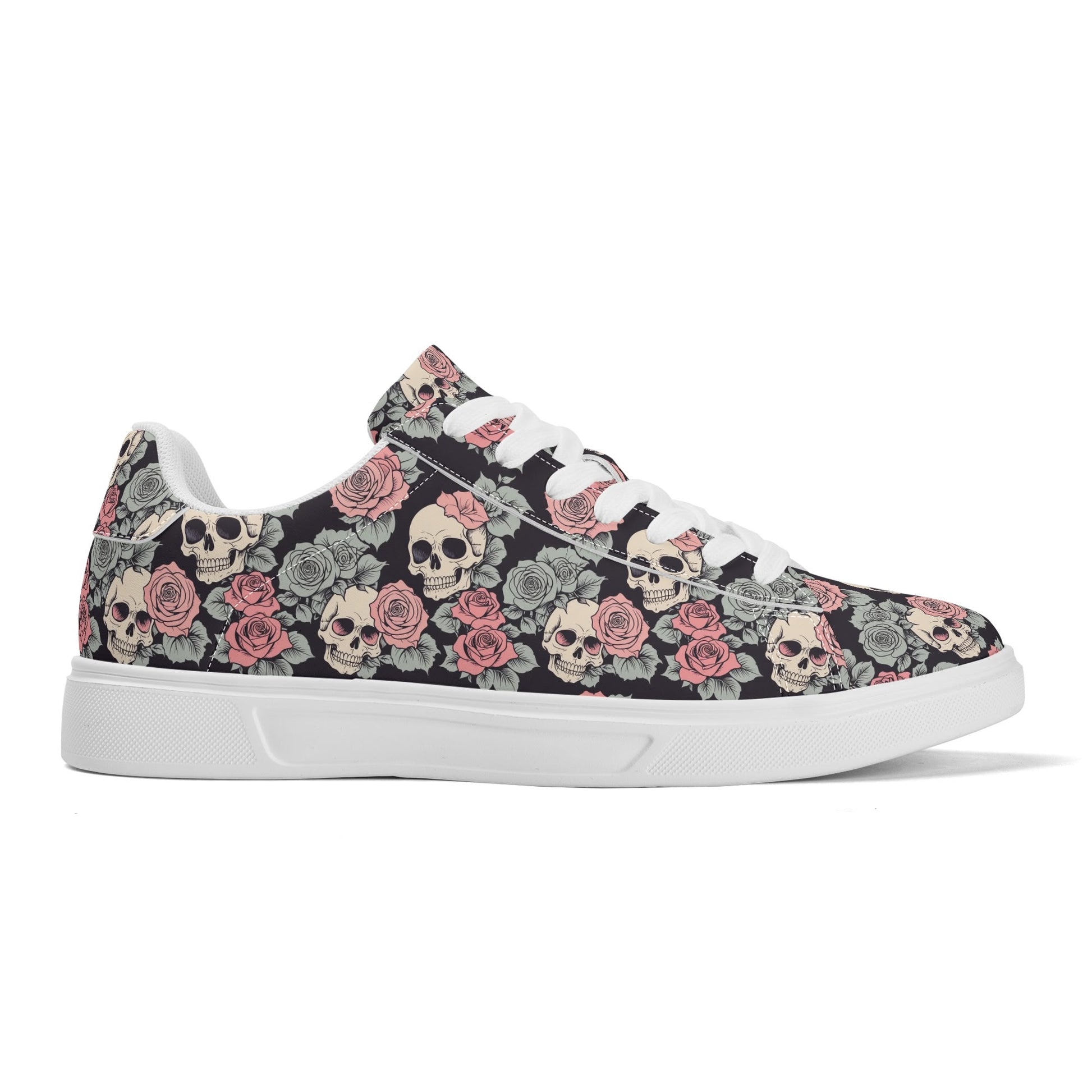 Skull and Pink Rose Adult Lightweight Brand Low Top Leather Shoes DeRose Seasonal