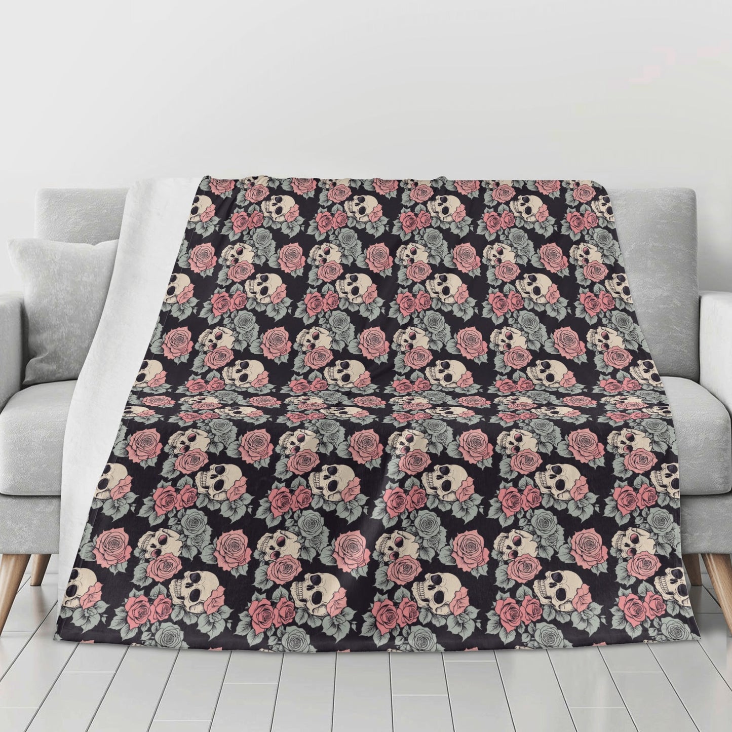 Skull and Pink Rose Flannel Breathable Blanket 4 Sizes DeRose Seasonal