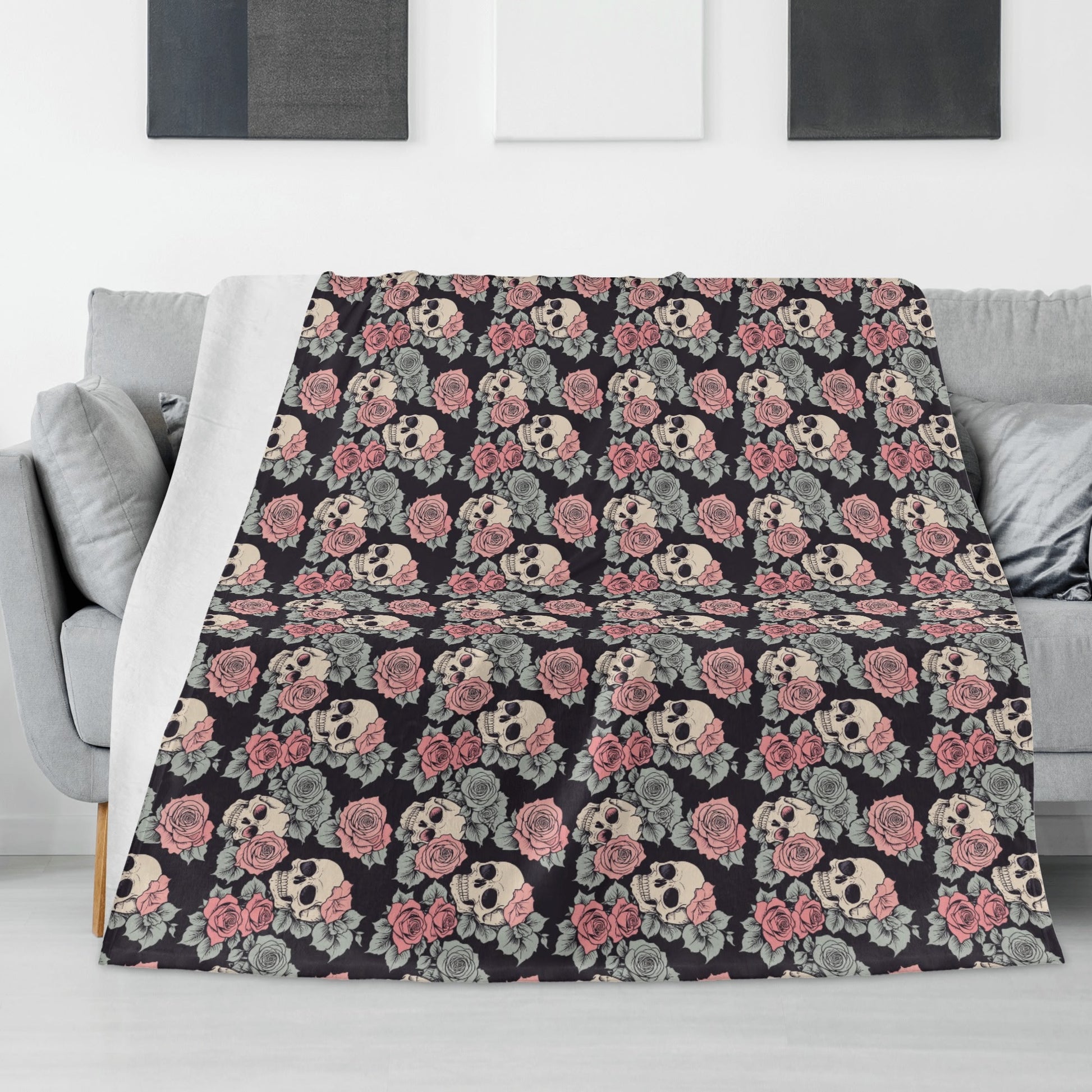 Skull and Pink Rose Flannel Breathable Blanket 4 Sizes DeRose Seasonal