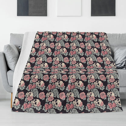 Skull and Pink Rose Flannel Breathable Blanket 4 Sizes DeRose Seasonal