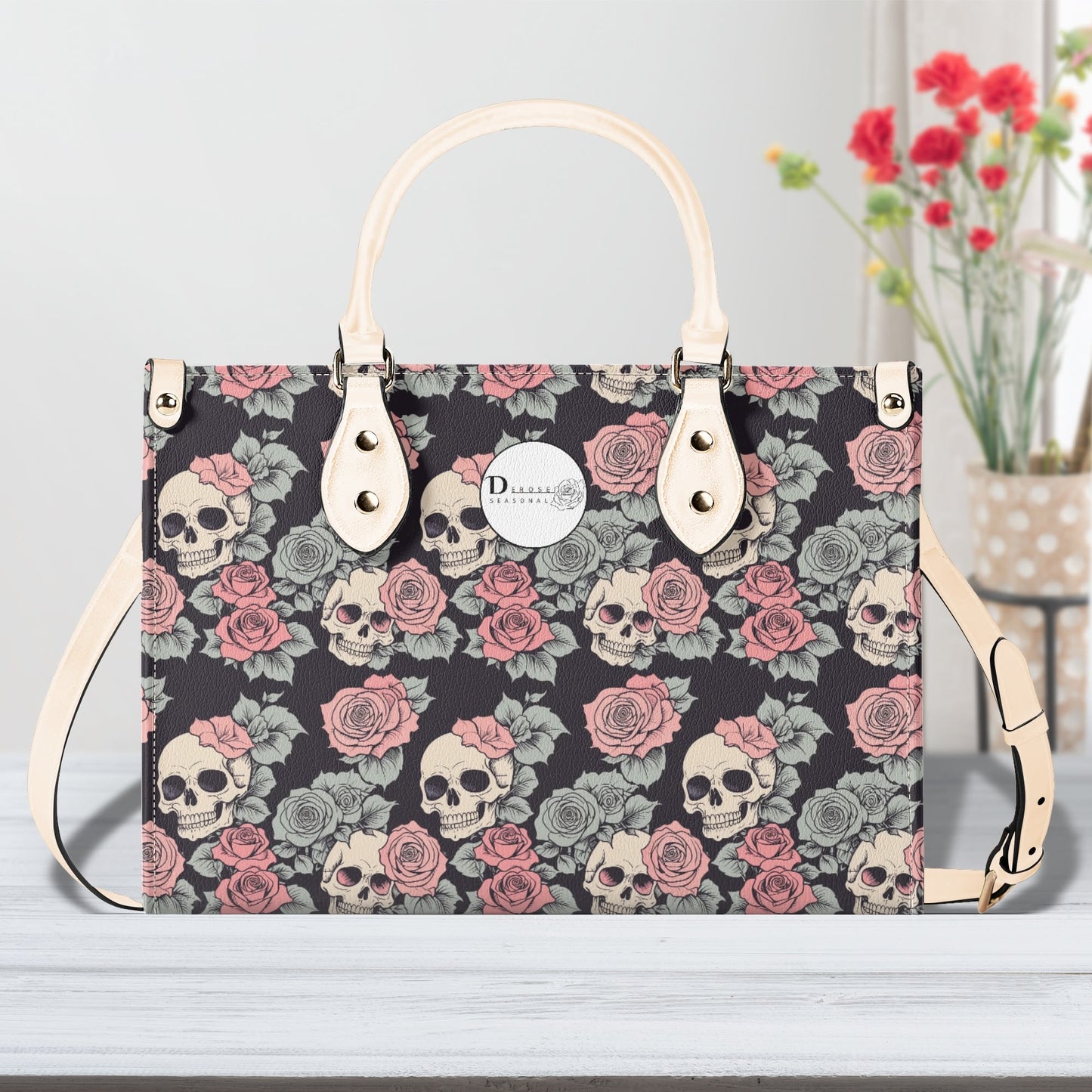 Skull and Pink Rose Luxury Women Leather Handbag DeRose Seasonal