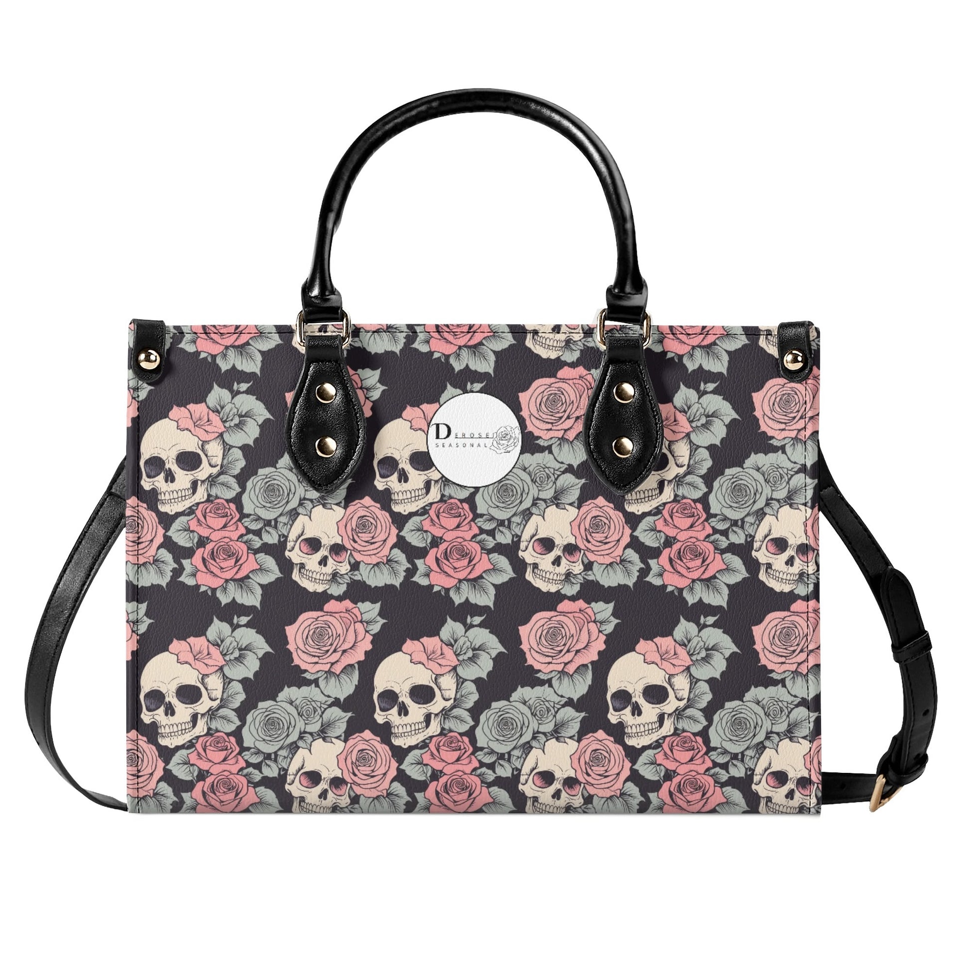 Skull and Pink Rose Luxury Women Leather Handbag DeRose Seasonal