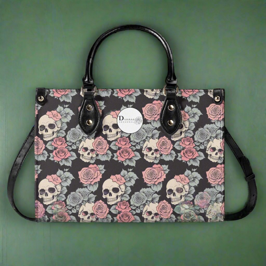 Skull and Pink Rose Luxury Women Leather Handbag DeRose Seasonal