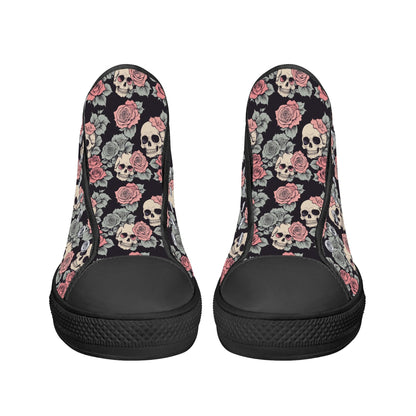 Skull and Pink Rose Mens High Top Canvas Shoes DeRose Seasonal