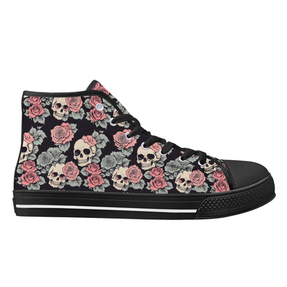 Skull and Pink Rose Mens High Top Canvas Shoes DeRose Seasonal