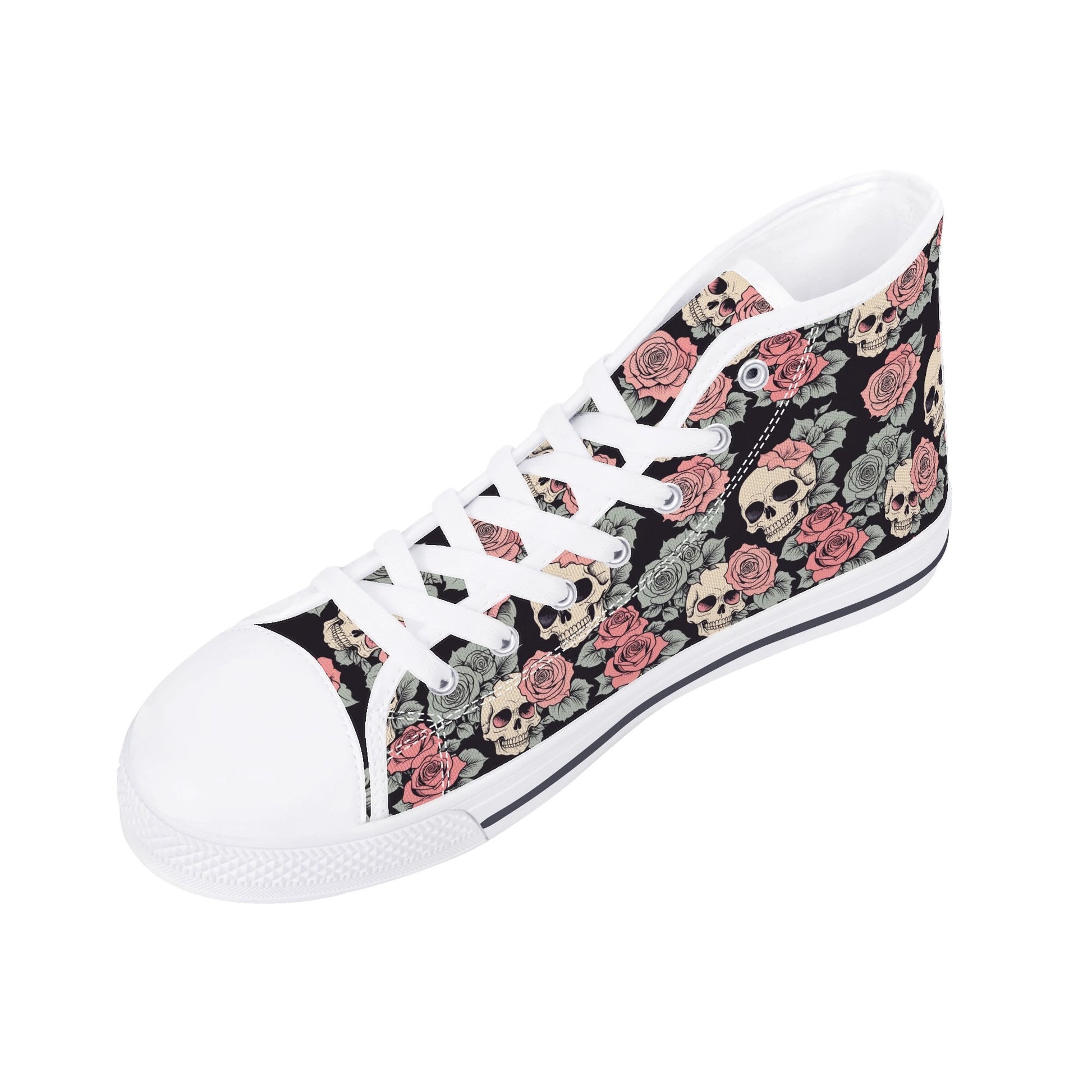 Skull and Pink Rose Mens High Top Canvas Shoes DeRose Seasonal