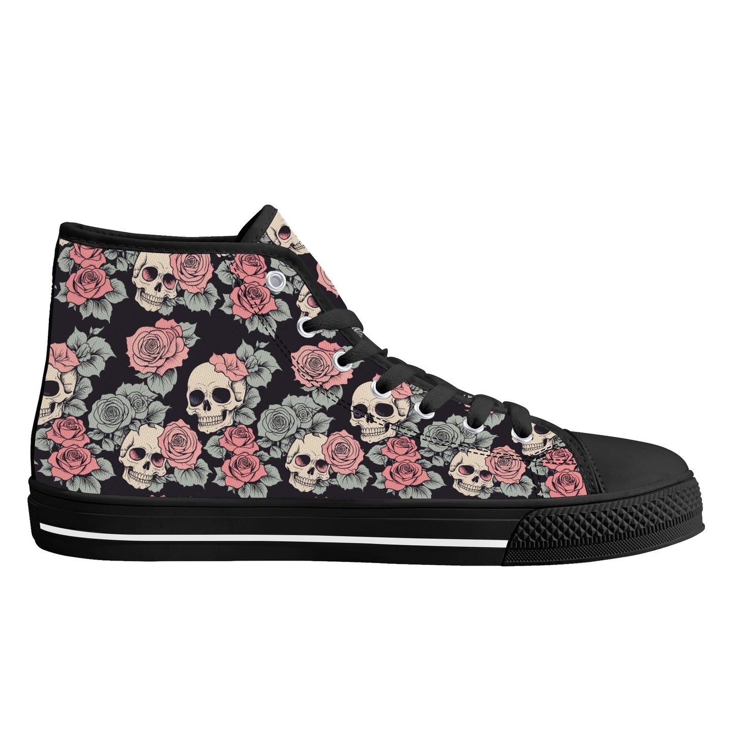 Skull and Pink Rose Mens High Top Canvas Shoes DeRose Seasonal