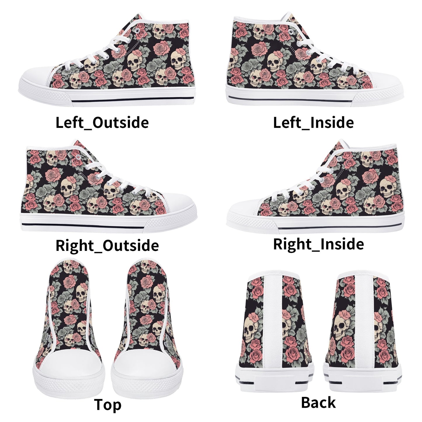 Skull and Pink Rose Mens High Top Canvas Shoes DeRose Seasonal