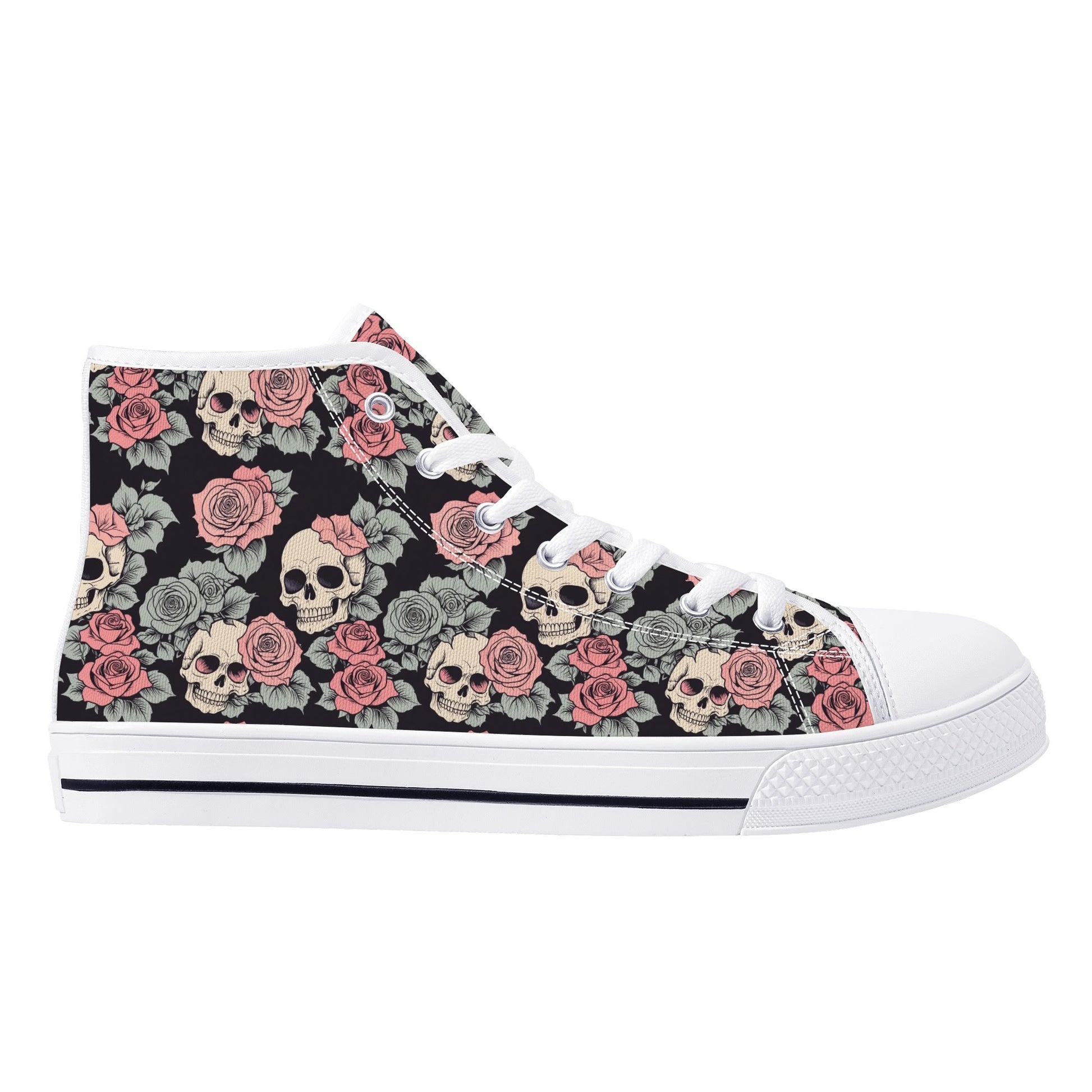 Skull and Pink Rose Mens High Top Canvas Shoes DeRose Seasonal