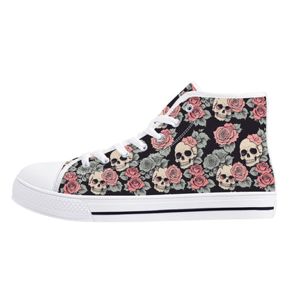 Skull and Pink Rose Mens High Top Canvas Shoes DeRose Seasonal