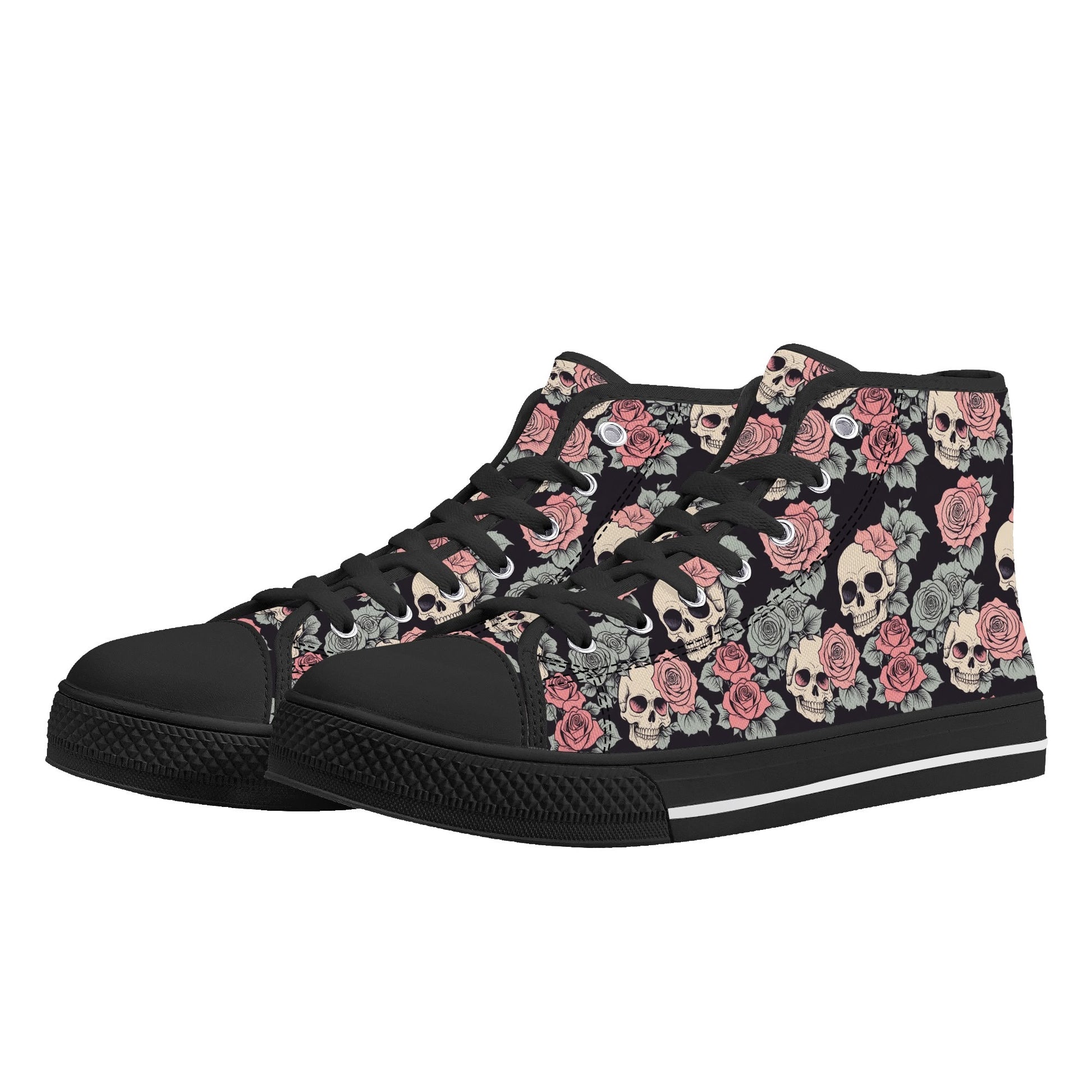 Skull and Pink Rose Mens High Top Canvas Shoes DeRose Seasonal