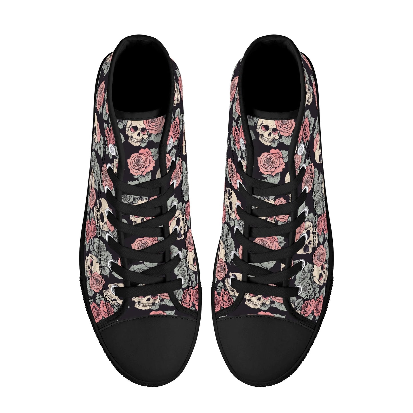 Skull and Pink Rose Mens High Top Canvas Shoes DeRose Seasonal