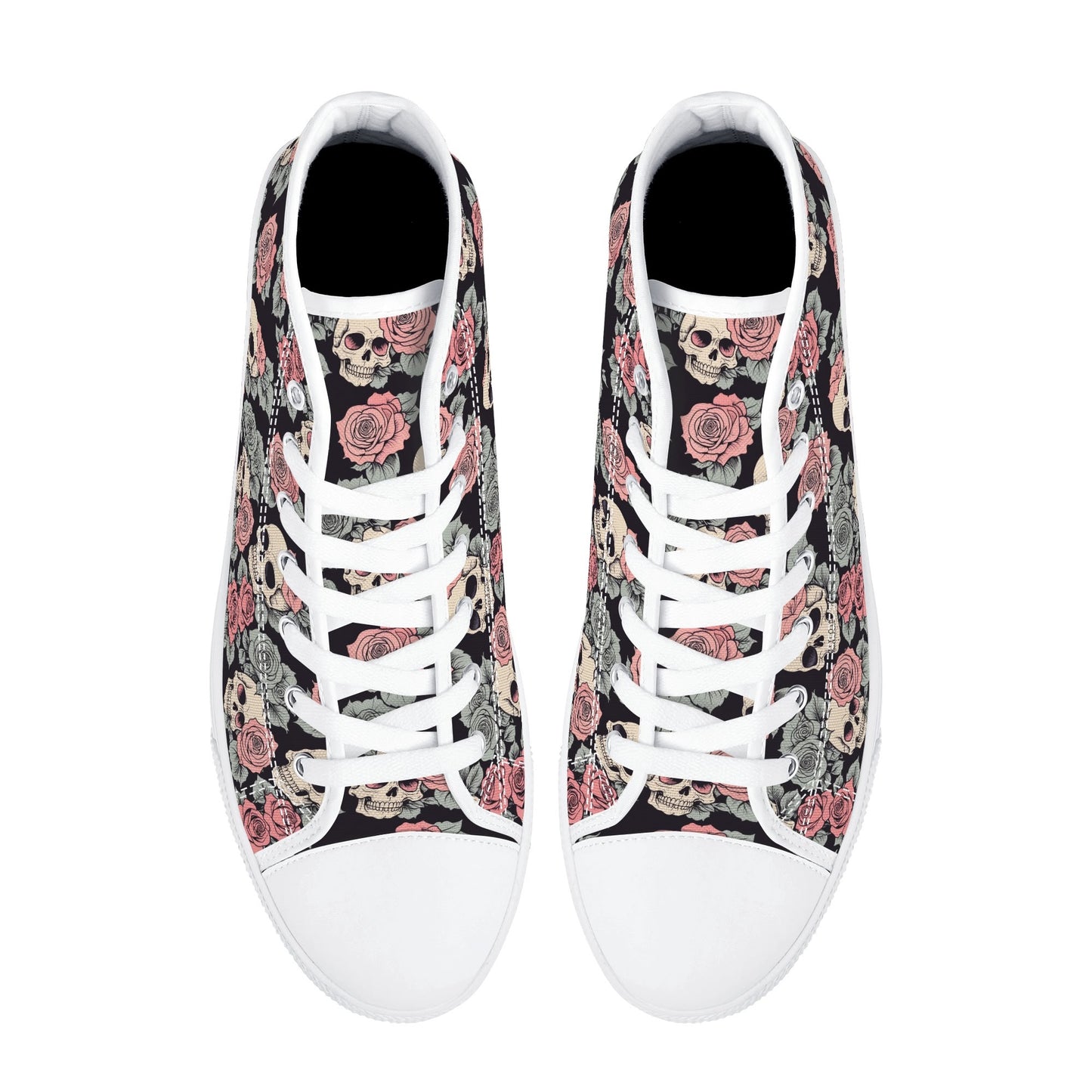 Skull and Pink Rose Mens High Top Canvas Shoes DeRose Seasonal