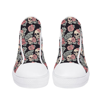 Skull and Pink Rose Mens High Top Canvas Shoes DeRose Seasonal