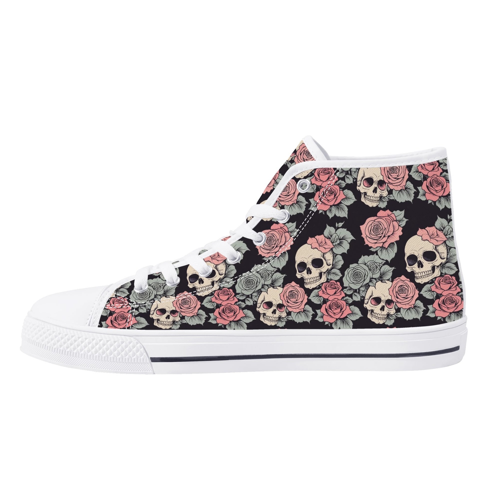 Skull and Pink Rose Mens High Top Canvas Shoes DeRose Seasonal