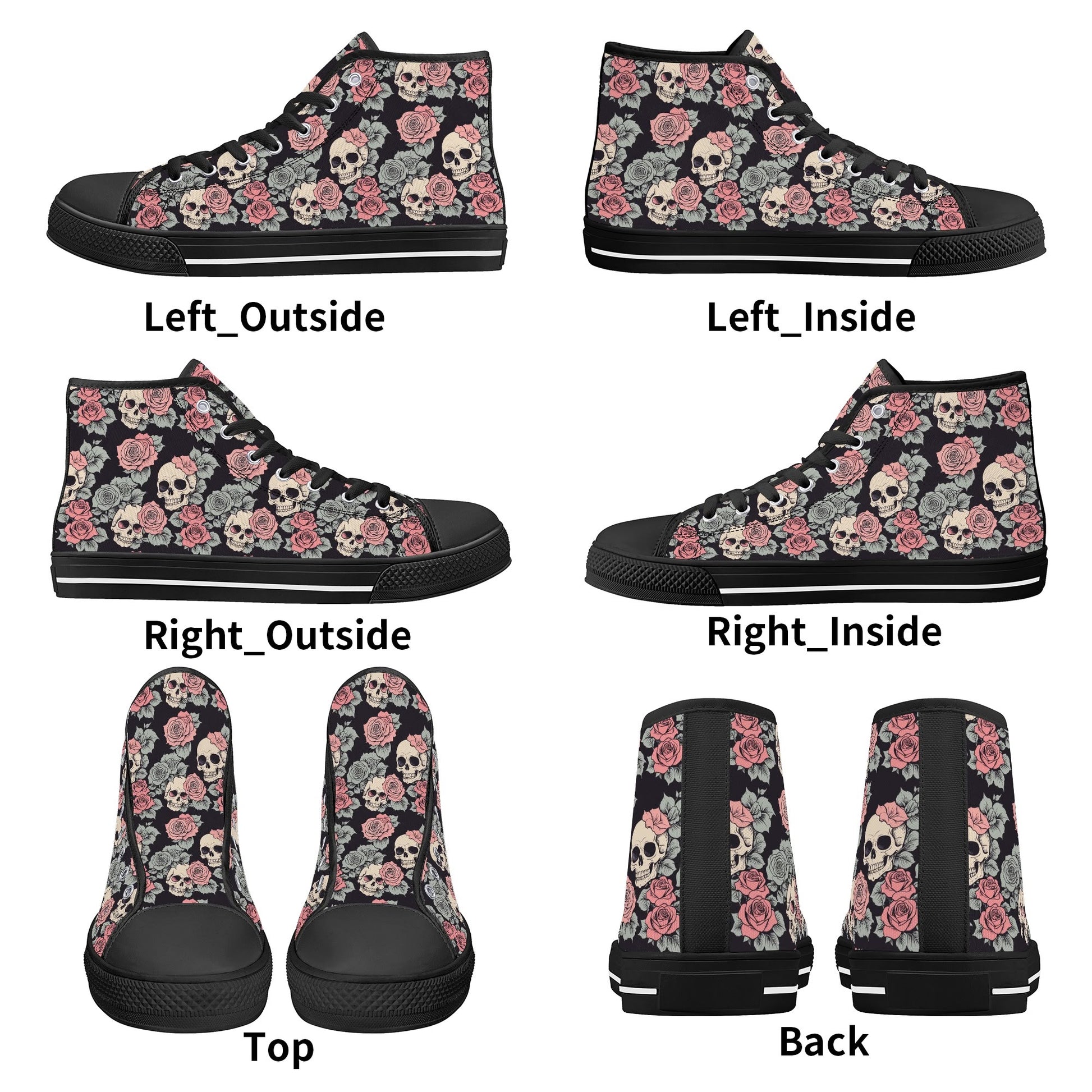 Skull and Pink Rose Mens High Top Canvas Shoes DeRose Seasonal