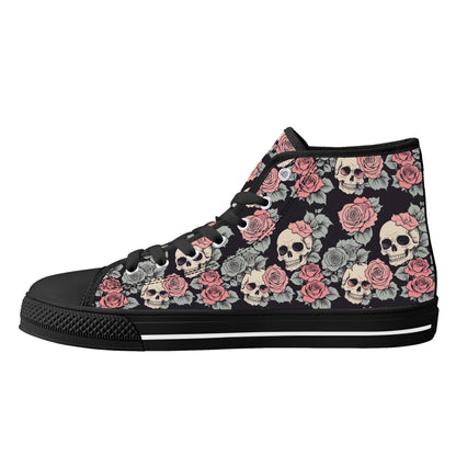 Skull and Pink Rose Mens High Top Canvas Shoes DeRose Seasonal