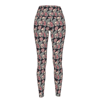 Skull and Pink Rose Polyester Yoga pants Leggings DeRose Seasonal