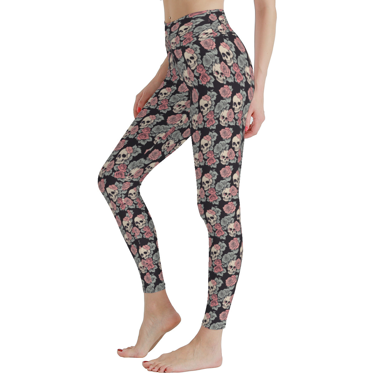 Skull and Pink Rose Polyester Yoga pants Leggings DeRose Seasonal