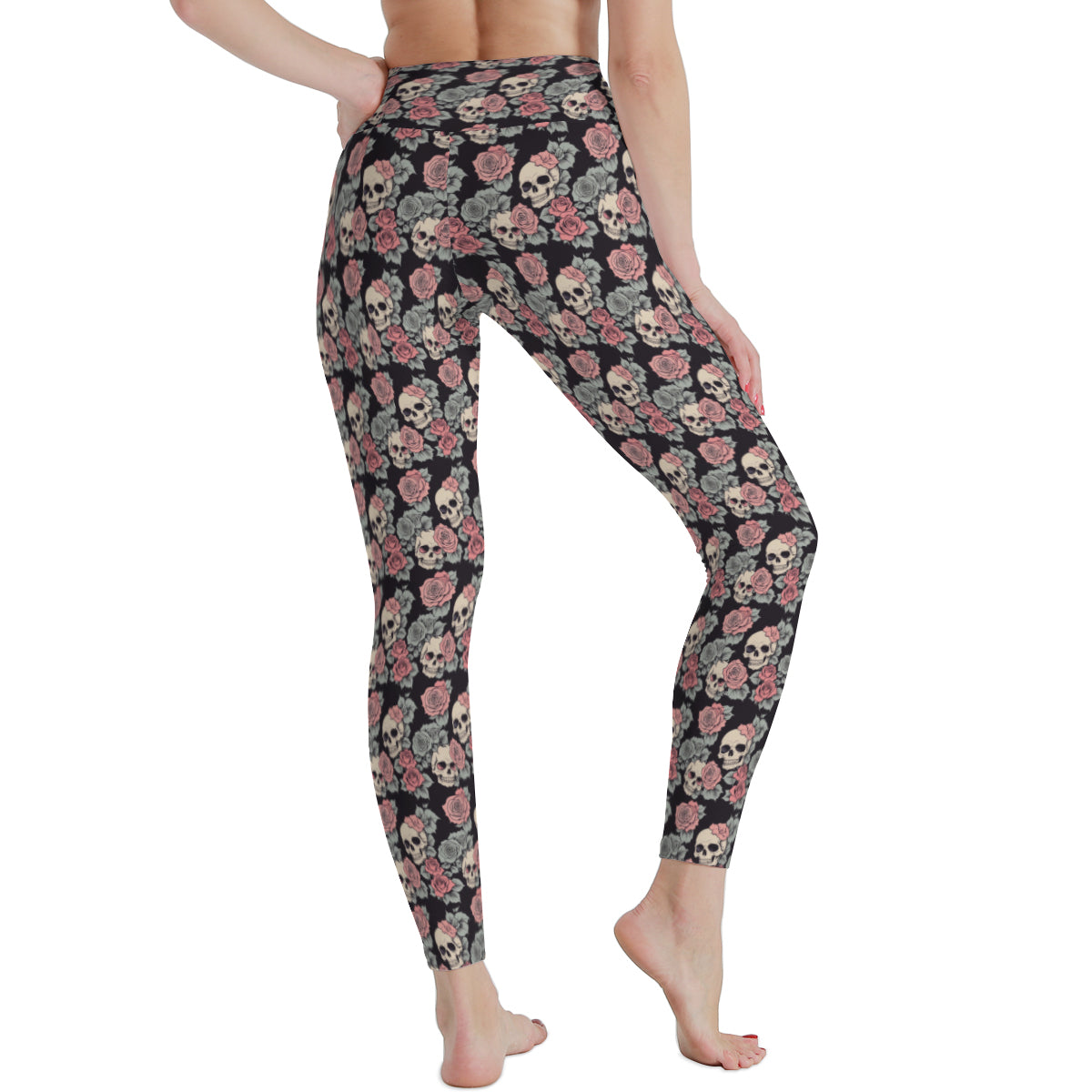 Skull and Pink Rose Polyester Yoga pants Leggings DeRose Seasonal