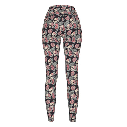 Skull and Pink Rose Polyester Yoga pants Leggings DeRose Seasonal