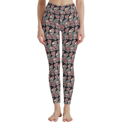 Skull and Pink Rose Polyester Yoga pants Leggings DeRose Seasonal