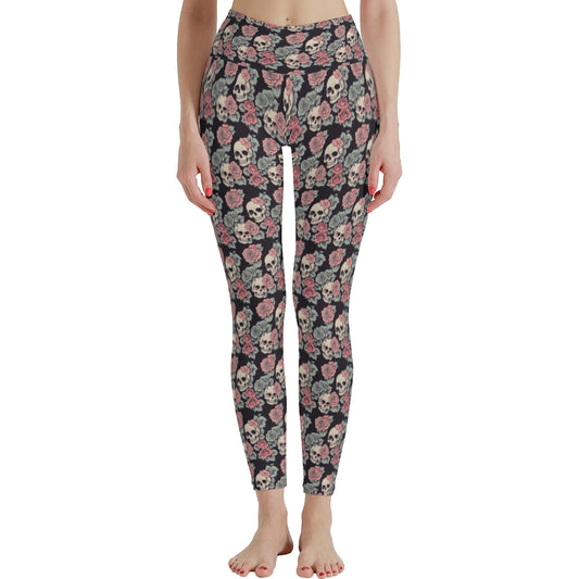 Skull and Pink Rose Polyester Yoga pants Leggings DeRose Seasonal