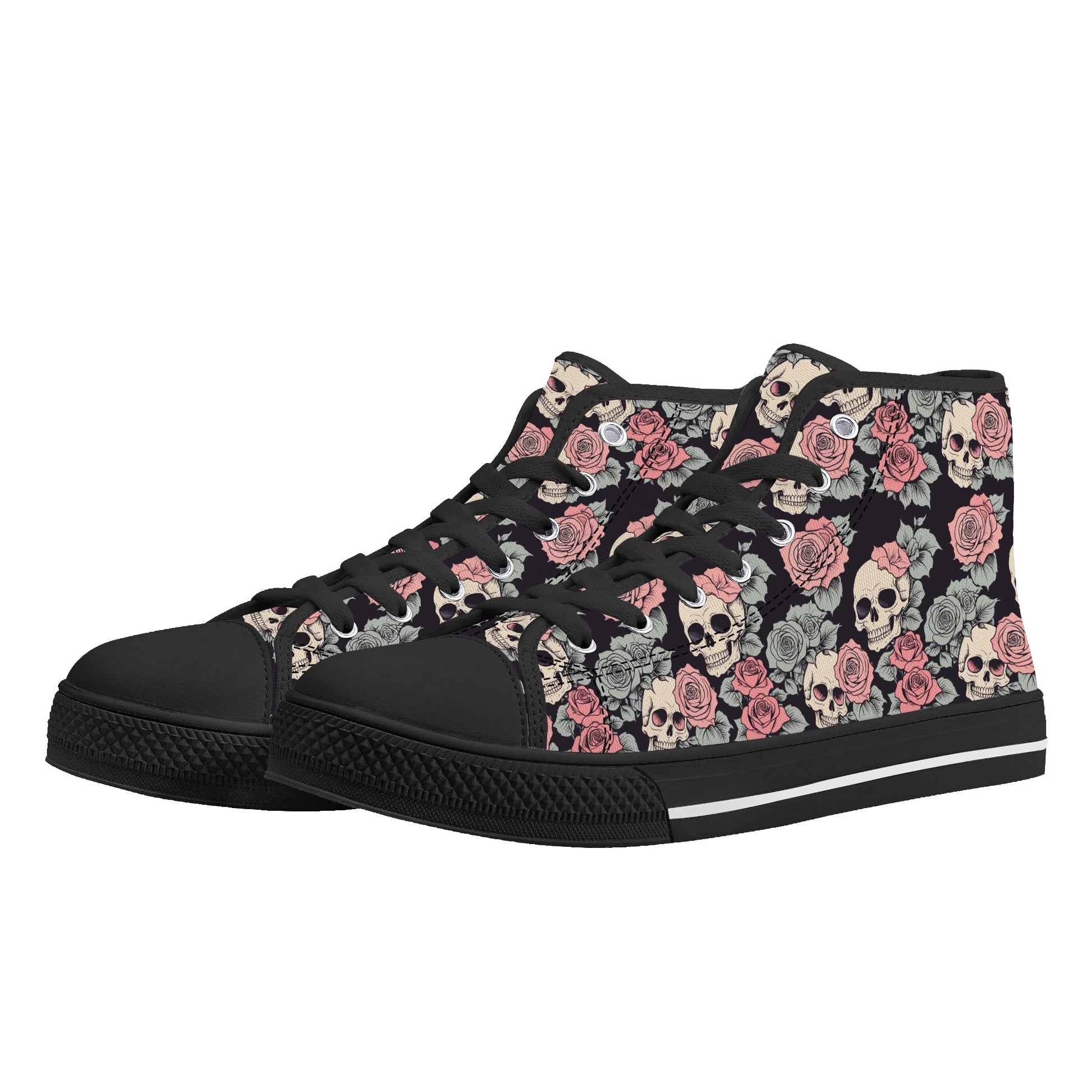 Skull and Pink Rose Womens High Top Canvas Shoes DeRose Seasonal