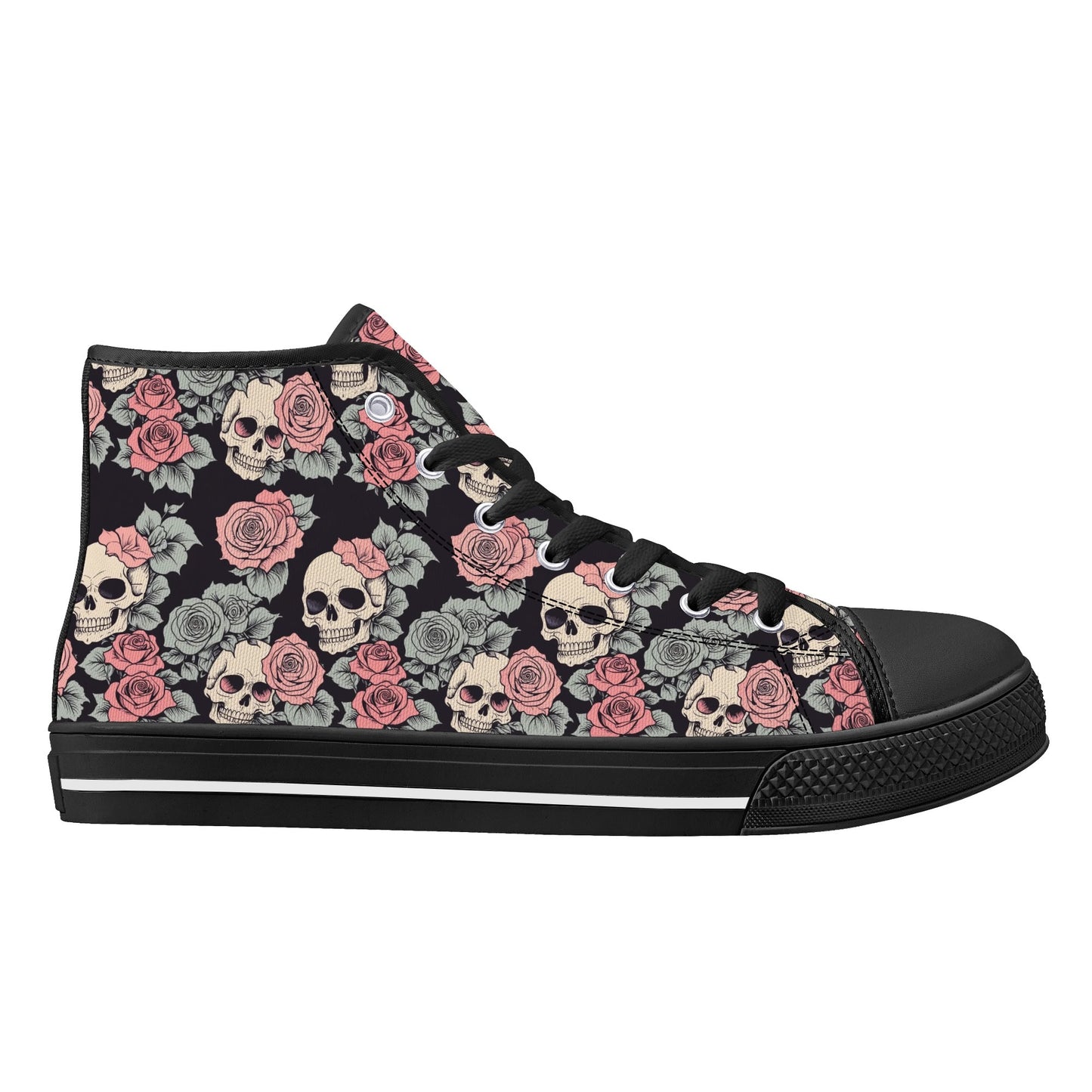 Skull and Pink Rose Womens High Top Canvas Shoes DeRose Seasonal