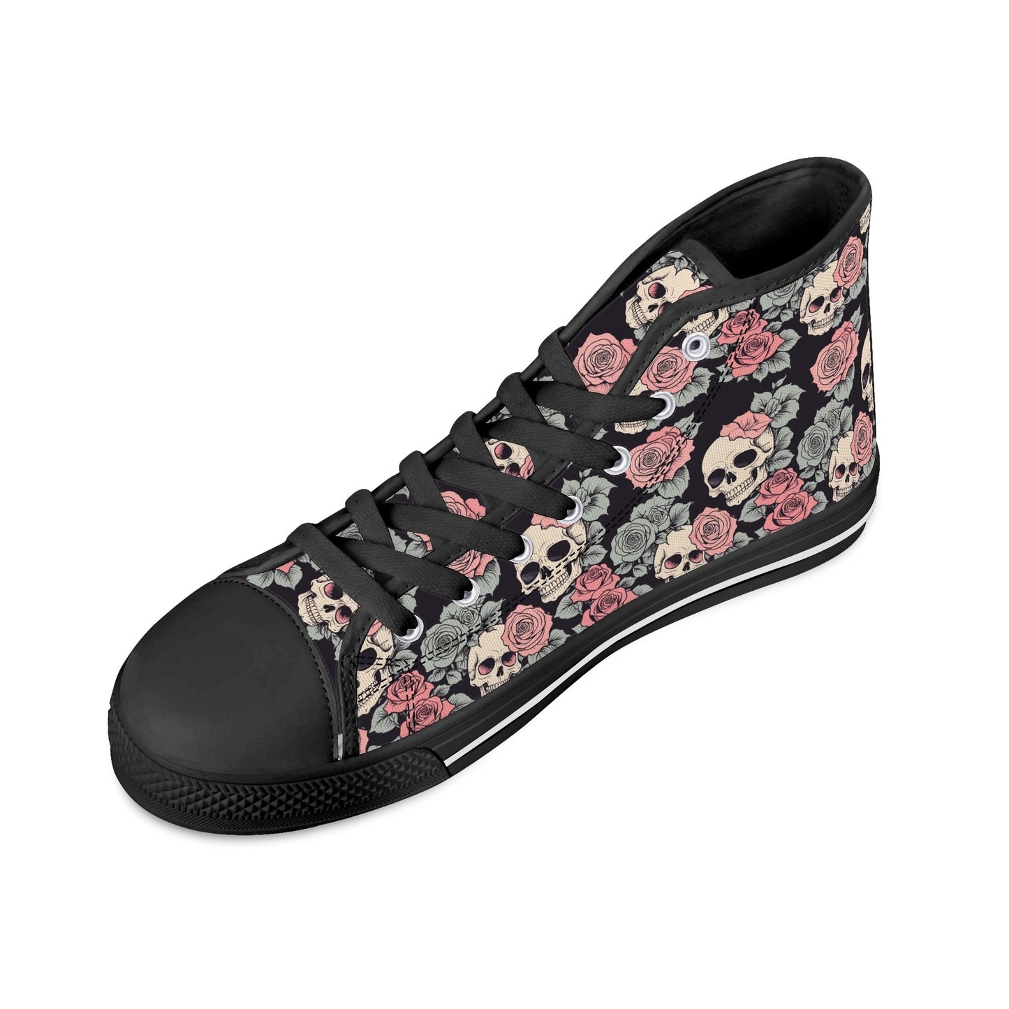 Skull and Pink Rose Womens High Top Canvas Shoes DeRose Seasonal