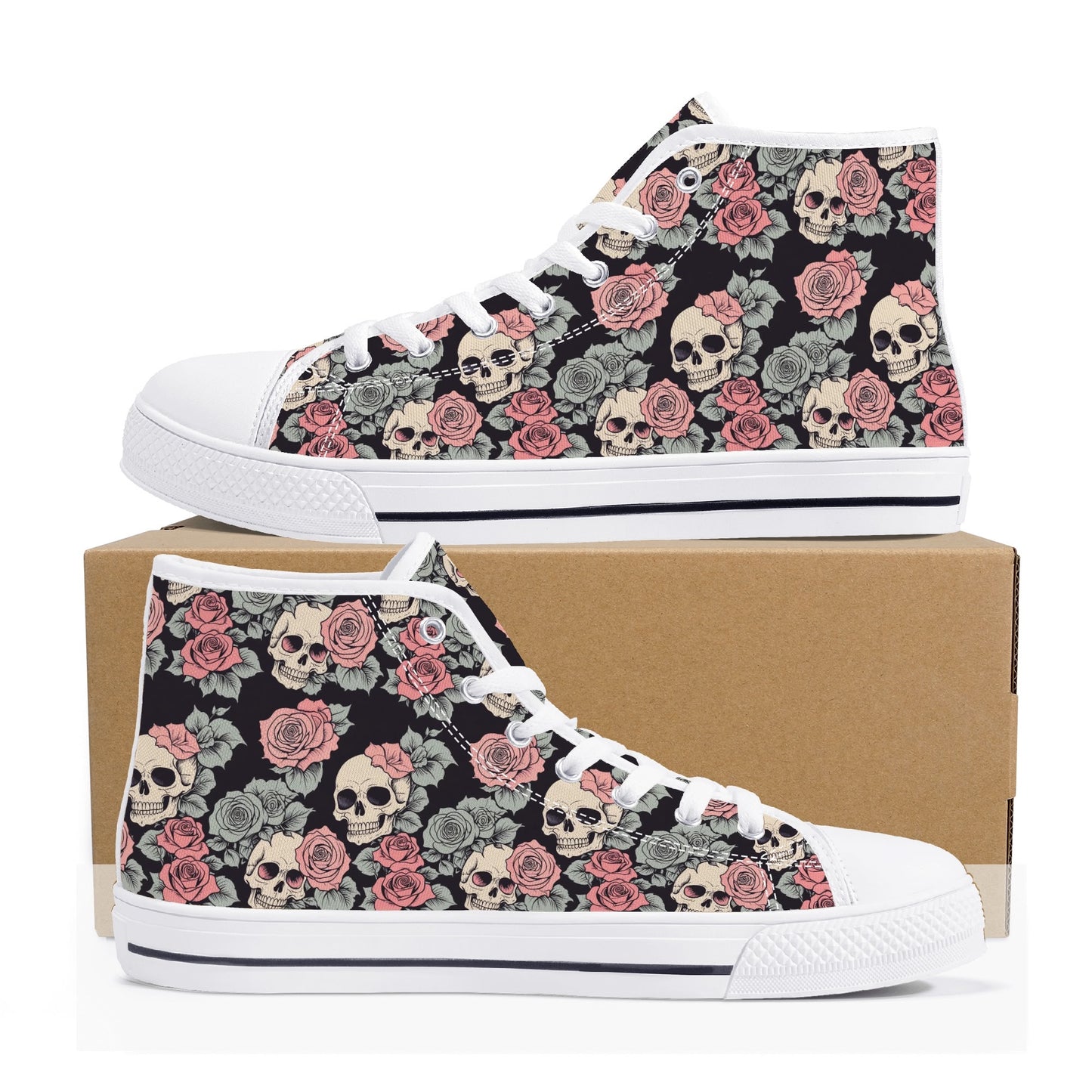 Skull and Pink Rose Womens High Top Canvas Shoes DeRose Seasonal