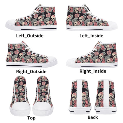 Skull and Pink Rose Womens High Top Canvas Shoes DeRose Seasonal