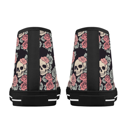 Skull and Pink Rose Womens High Top Canvas Shoes DeRose Seasonal